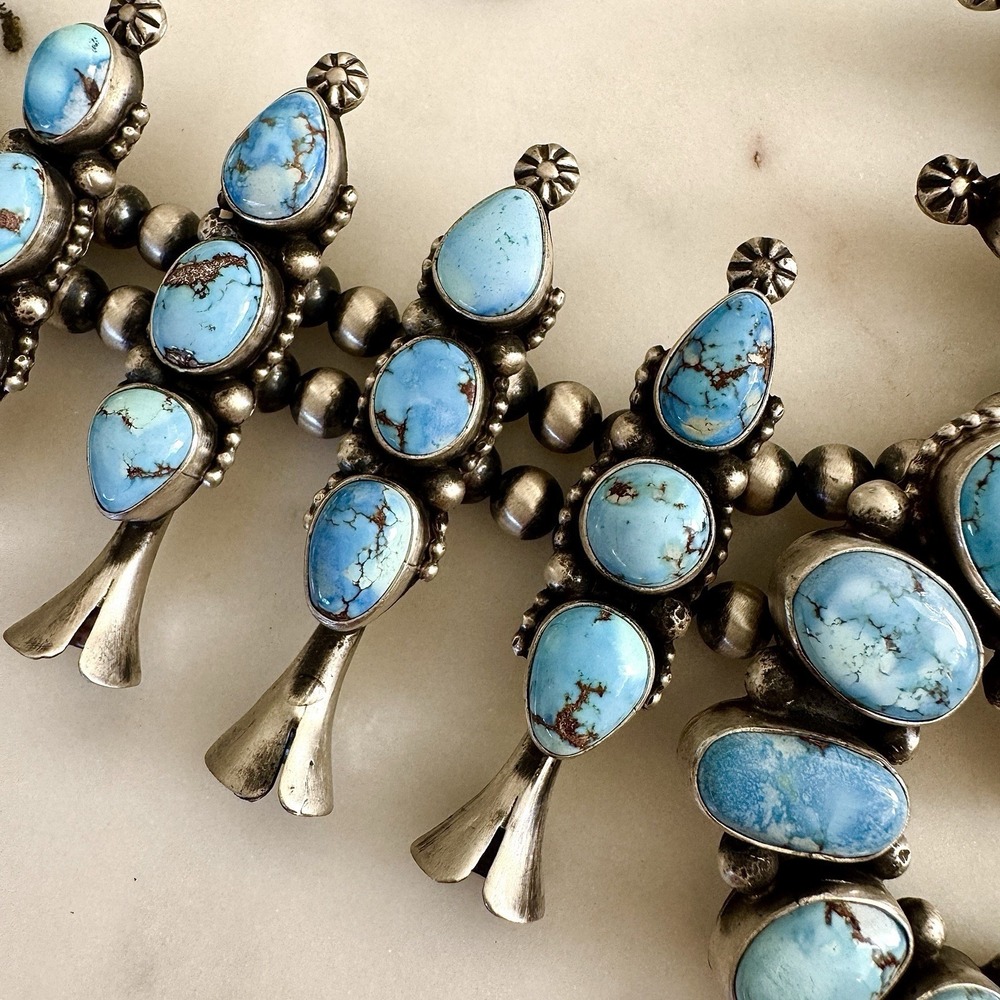 Navajo Squash Blossom Necklace Golden Hills Turquoise Signed Skeets Sterling - Picture 4 of 15